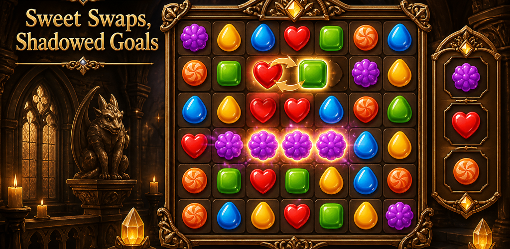 Gildjam Match Puzzle artwork: candy and jelly icons framed by gothic relief, bronze and sand-gold details